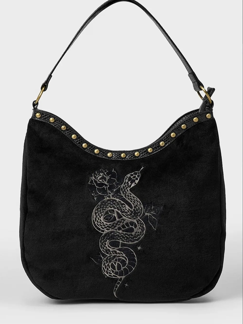 Black Stud-Trim Hobo Bag with Snake Embroidery